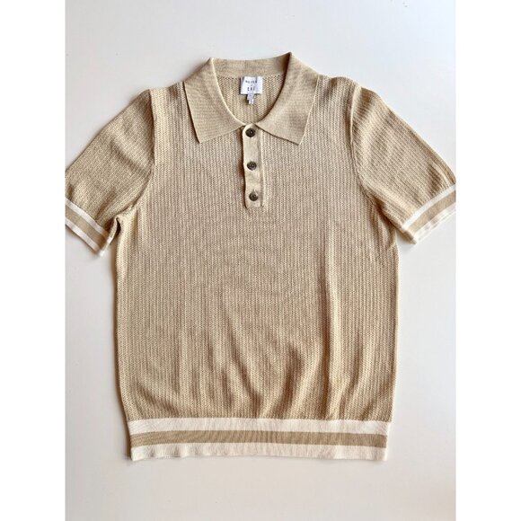 REISS x CHÉ Quinn Tan 100% Cotton Pointelle Knit Short Sleeve Polo Shirt, Size S - Picture 5 of 16